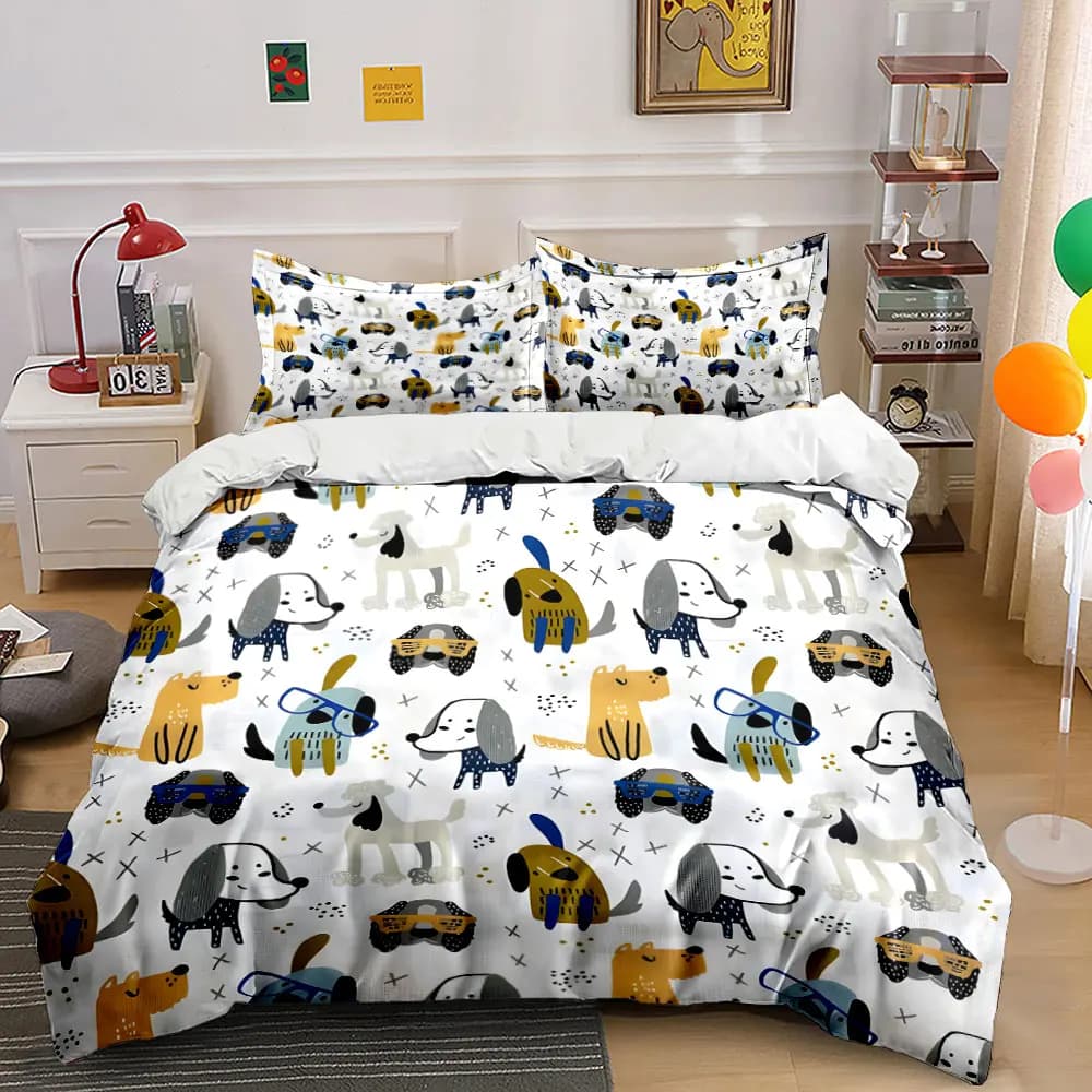 Set Biancheria da Letto 3 Pezzi con Stampa Bassotto e Occhiali, Copripiumino e 2 Federe con Stampa Minimalista di Cuccioli, Singolo, Matrimoniale, King, Queen, Regalo
