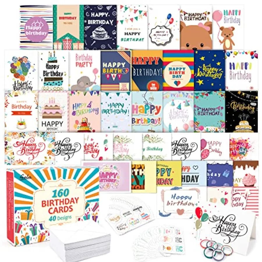 Birthday Cards Bulk, 160 Pack 40 Designs Happy Birthday Card Assortment Box with 160 Blank Envelopes 168 Pieces of Stickers 6 W