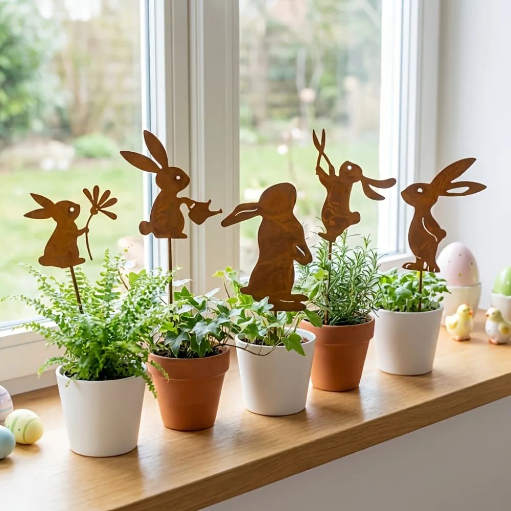 Decorative garden poles in the shape of an iron bunny, for plant pots, paschal decorations for interior and exterior, garden accessories, props for photo.