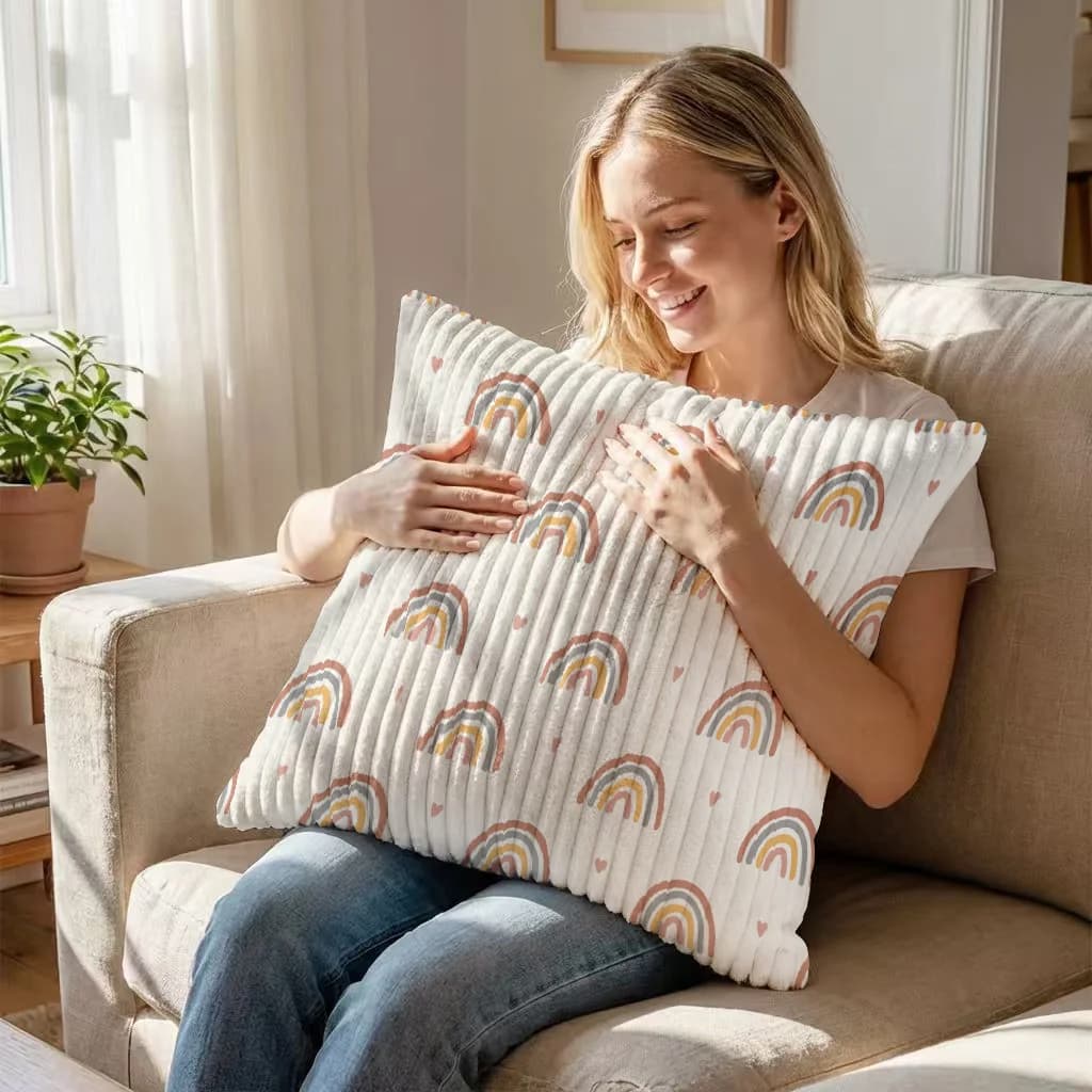 Rainbow Pattern Printed 2D Printed Corduroy Pillowcase, Without Pillow Insert, Removable and Washable Sofa Cushion Cover | All-season Use | Perfect Accent Piece for Small Spaces, a Cozy Accent