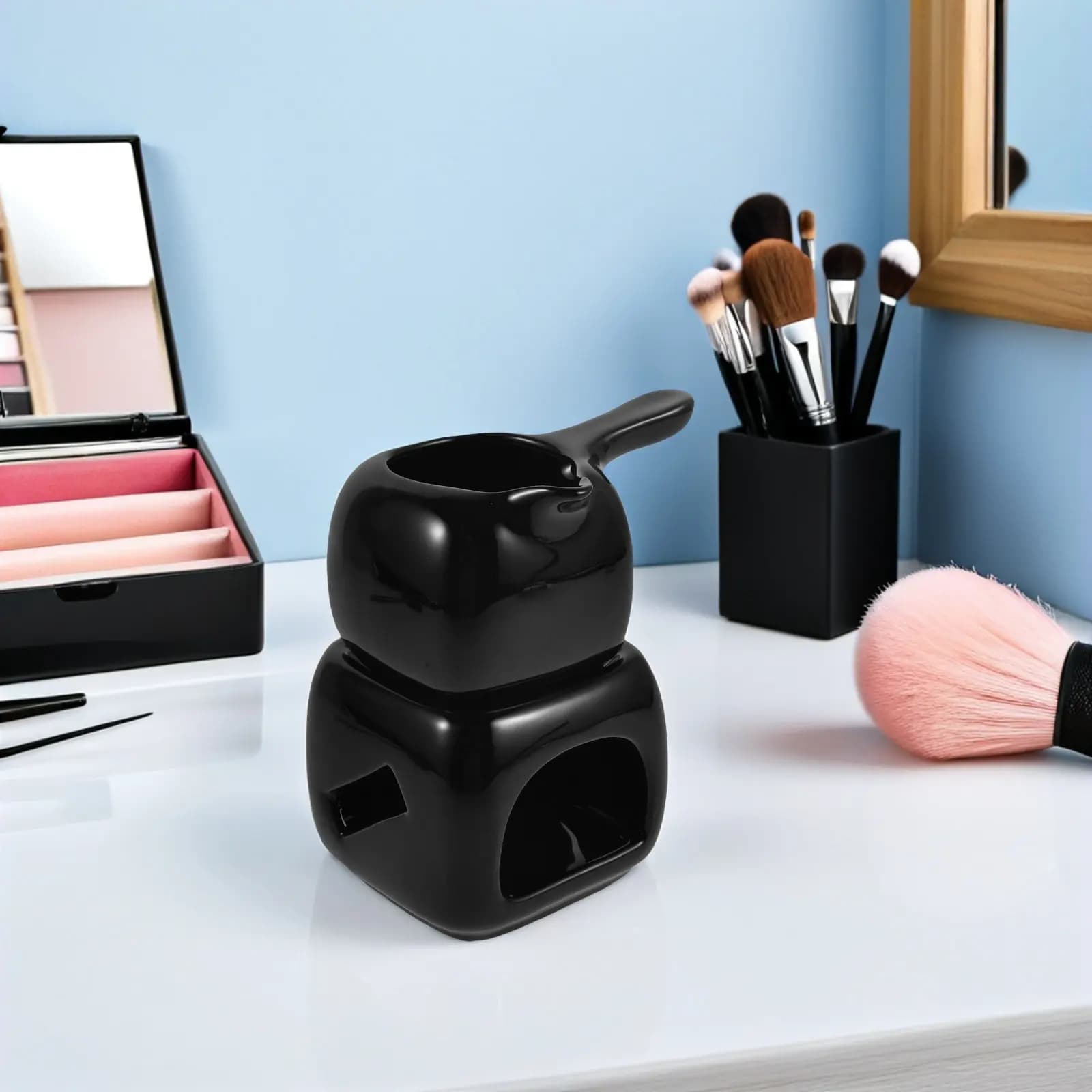 Bruciatore di Cera e Oli Essenziali in Ceramica Nero, Diffusore di Aromi per Aromaterapia, Portacandele Tealight Decorativo per la Casa