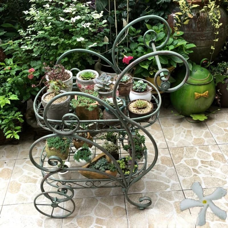 Supporto per piante in metallo con rotelle, carrello per fiori a 2 livelli con ruote - Organizzatore mobile da giardino e patio per piante in vaso, uso interno ed esterno