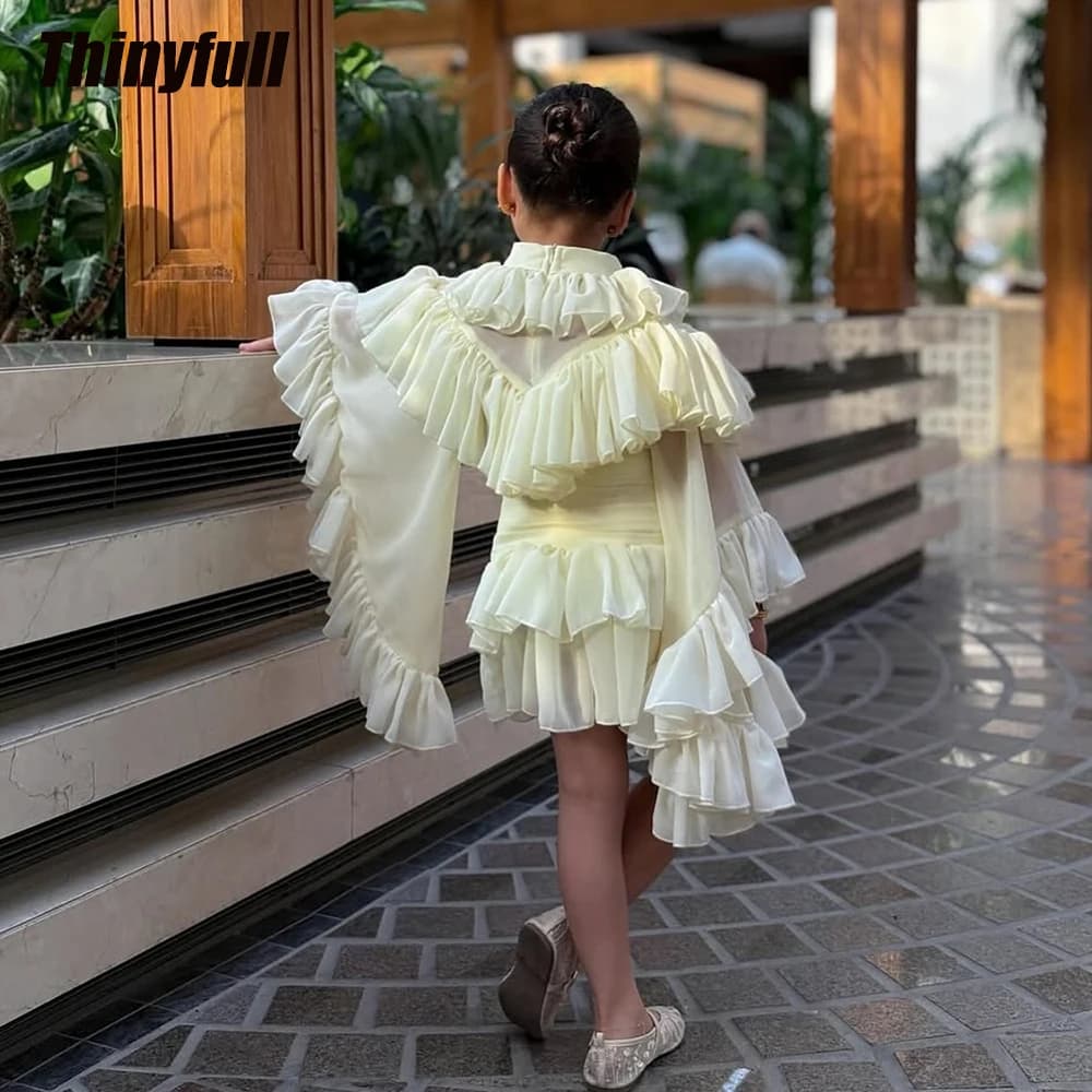Thinyfull A-line Chiffon Short Flower Girl Dress Full Sleeves High Neck Children's Evening Dresses Birthday Gowns Customized