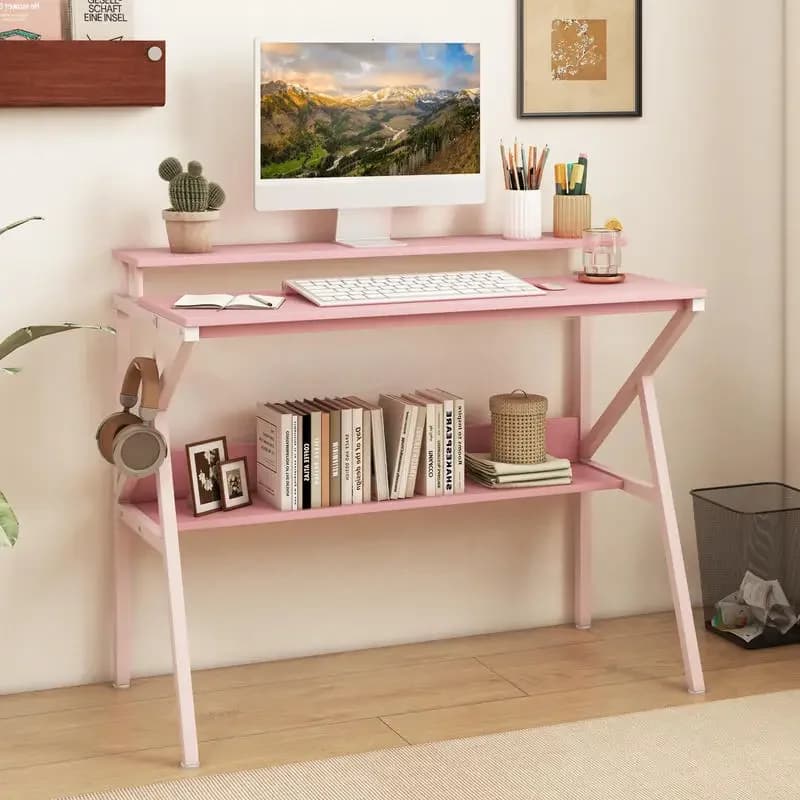 Scrivania salvaspazio con supporto per monitor e ripiano extra per lavoro e studio - Rosa