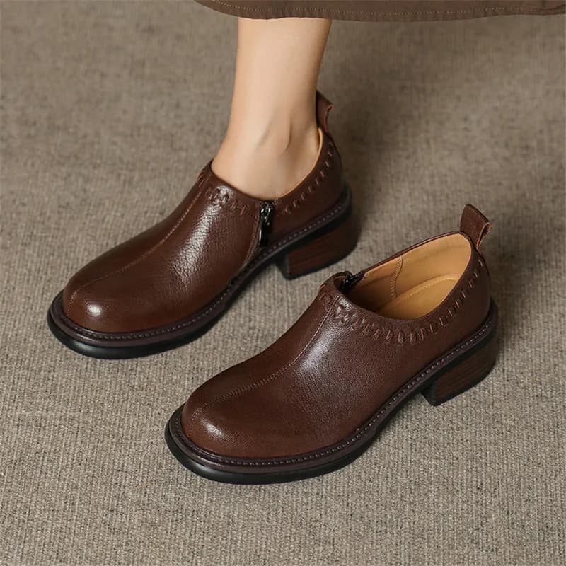 New Spring Autumn Genuine Leather Women Shoes Fashion Round Toe Shoes for Women Deep Mouth Side Zipper Women Pumps Handmade