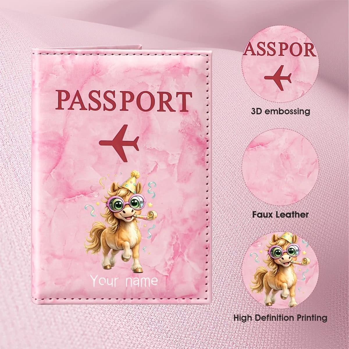 Custom Name Cute Cartoon Horse Illustration Design PU Passport Holder, Featuring a Golden-maned Pony and Dreamy Flower Bushes