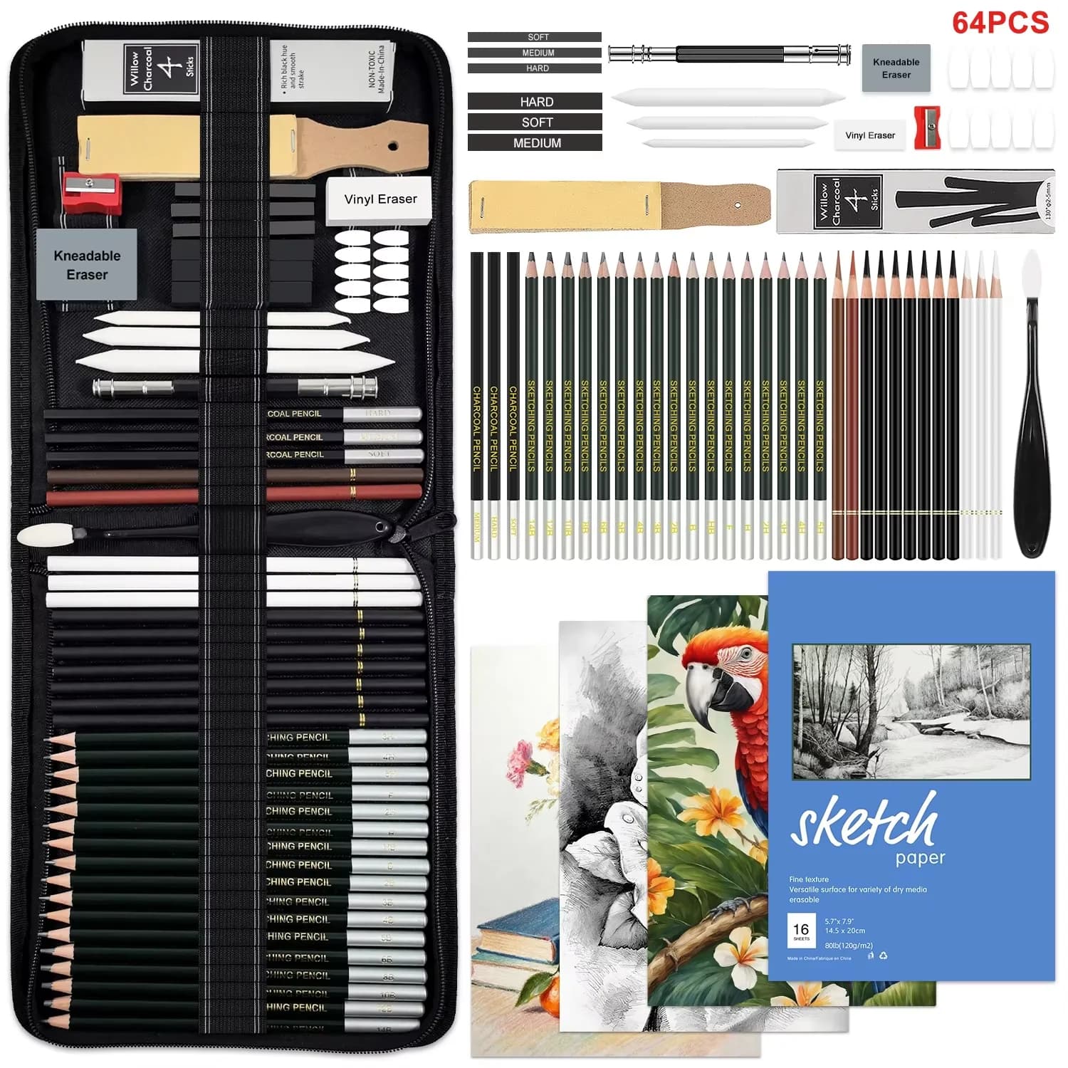 14/18/29/38/44/64 PCS Drawing Set Sketching Kit,Sketch Pencils Art Supplies with Graphite,Charcoal,Blending Tools & Accessories