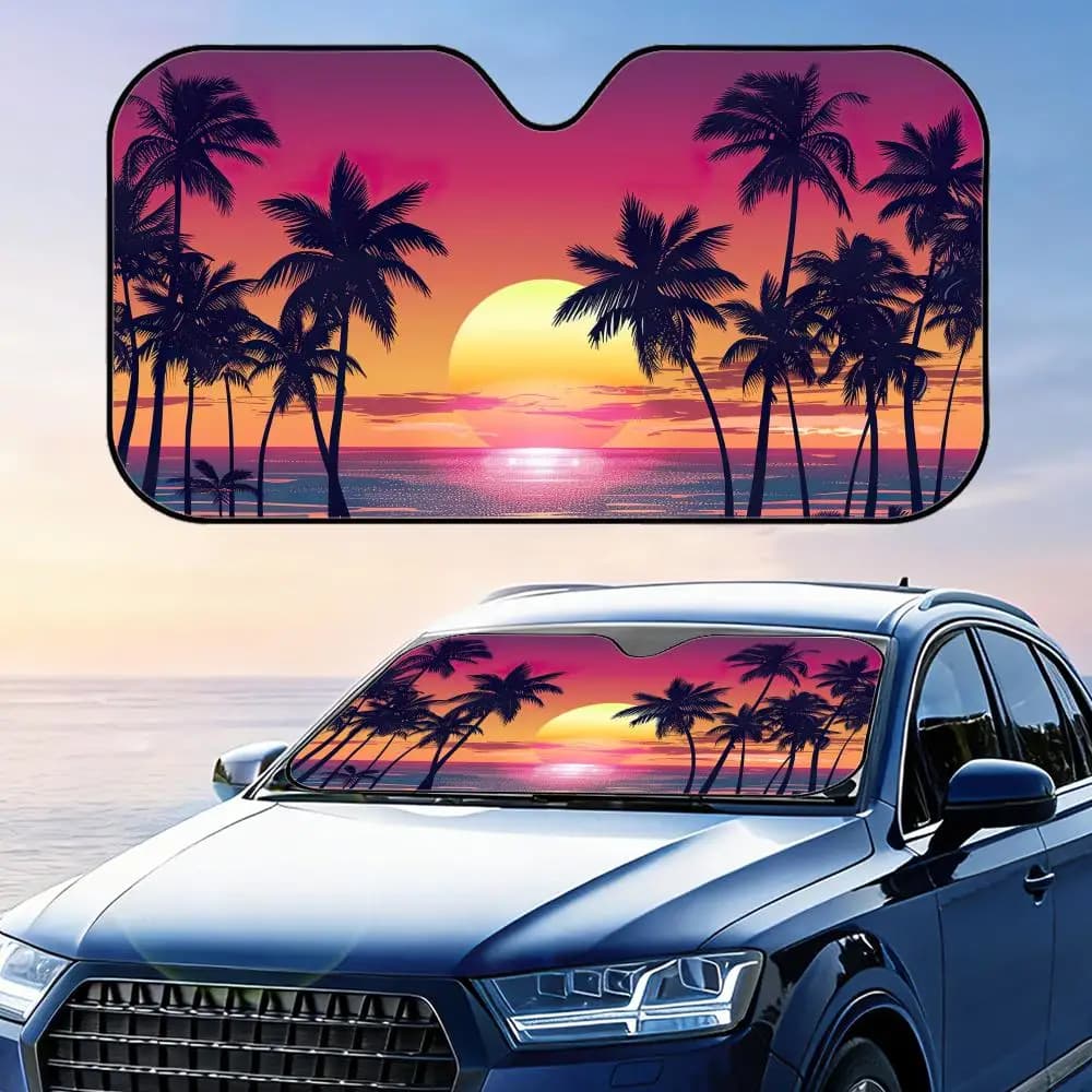 Parasole pieghevole per auto con palme hawaiane, protezione UV, isolamento termico riflettente, copertura riutilizzabile