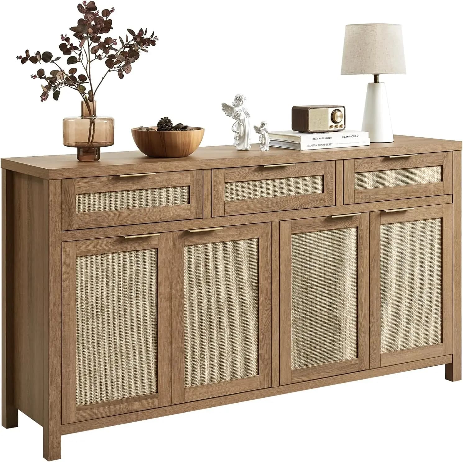 63 Inch Rattan Sideboard Buffet Cabinet Storage Organizer Unit Container Box Rack Tray With 4 Doors 3 Drawers Adjustable Shelves Coffee Bar Cabinet Natural