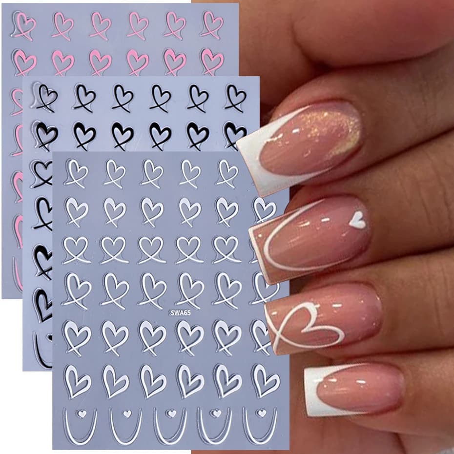 3 pieces stickers for nail art Valentine's Day 3D black lines pink love heart decals for nails slider sticker DIY decorations for manicure