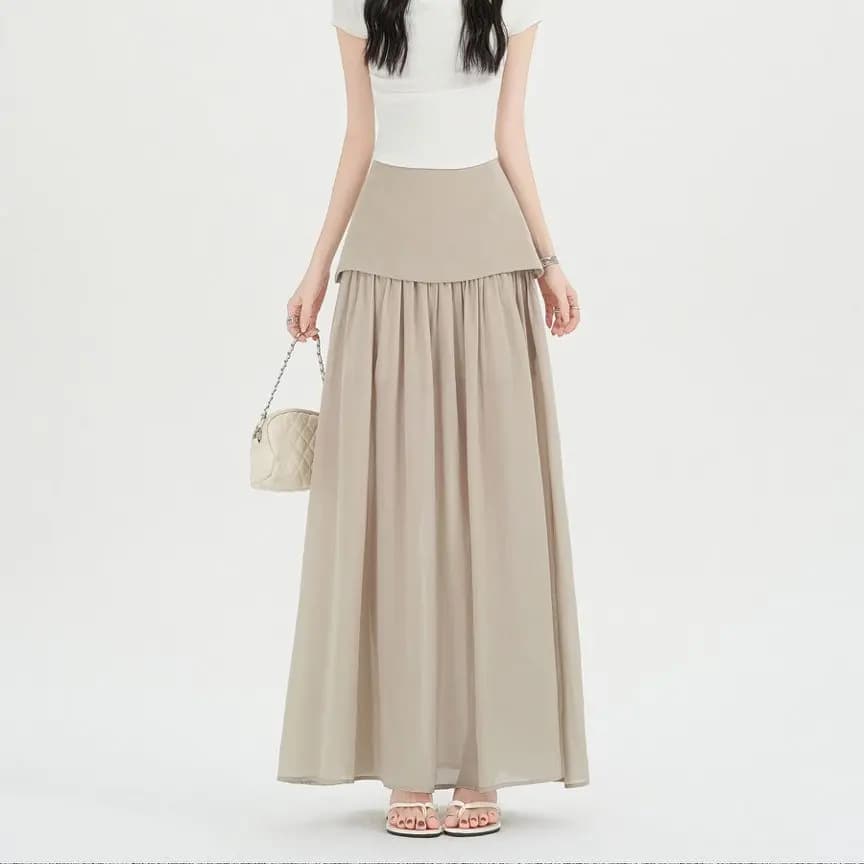 Gonna lunga maxi Qiukichonson da donna in chiffon, elegante gonna coreana estiva 2026 con patchwork, vita arricciata e pieghe, trasparente