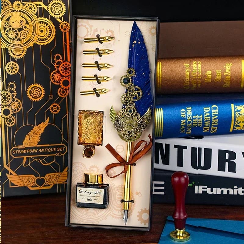European Style Quill Pens Set Retro Mechanical Wings Fountain Dip Pen Lacquer Seal Student Dip Pencil Pen Calligraphy Art Gifts