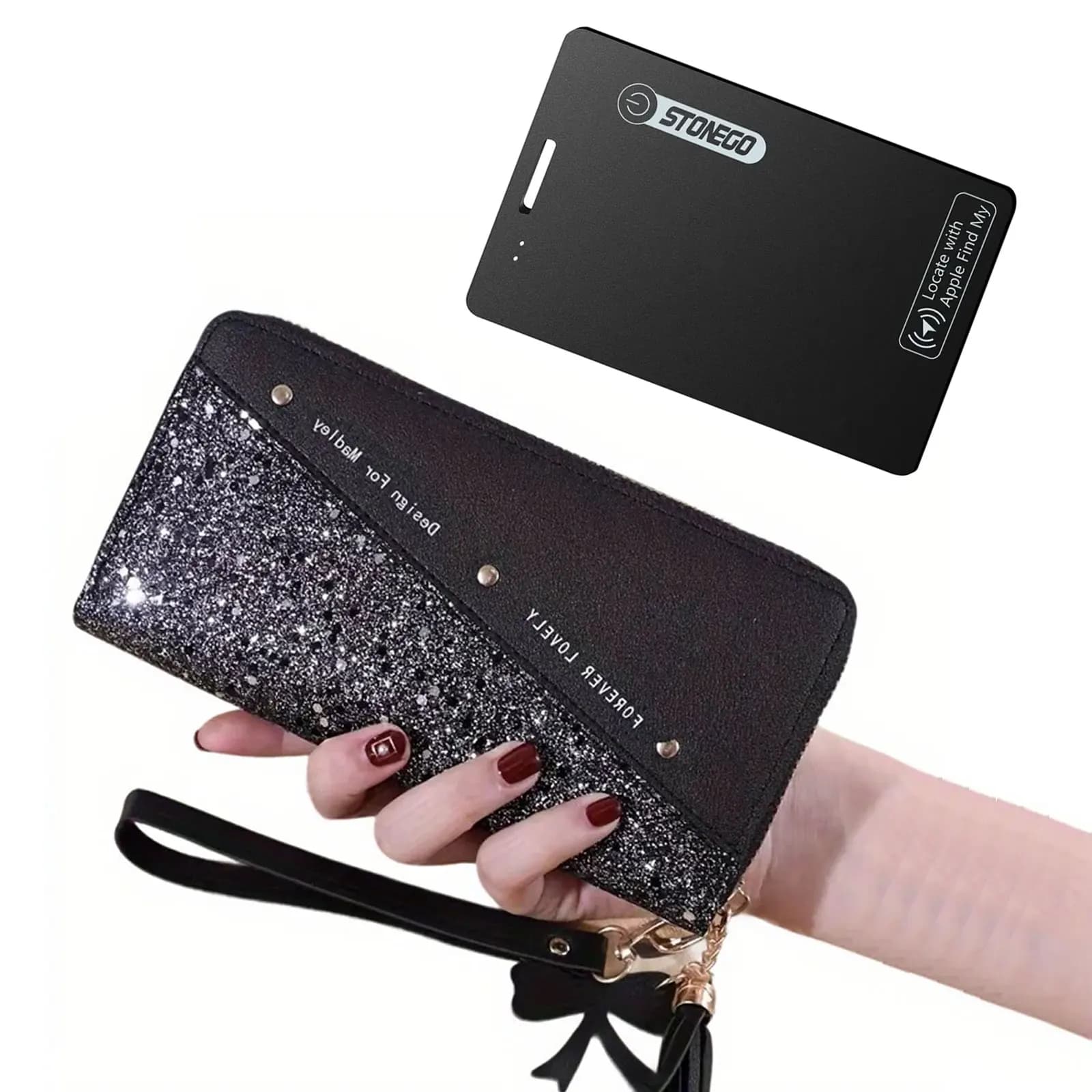 Smart Fashion Accessory Set: Elegant Sequin PU Leather Wallet & Rechargeable GPS Tracker (MFi/Find My Compatible, IP68 Waterproof), Invisible Anti-Lost Locator for Keys, Pets, Purse & Essentials, Ideal Gift for Weddings & Parties