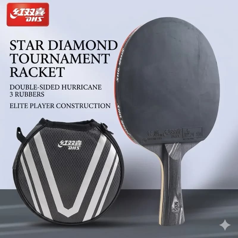 Racchetta da ping pong DHS DIAMOND Black 7 strati con gomme Hurricane 3 - Racchetta professionale per spin e velocità