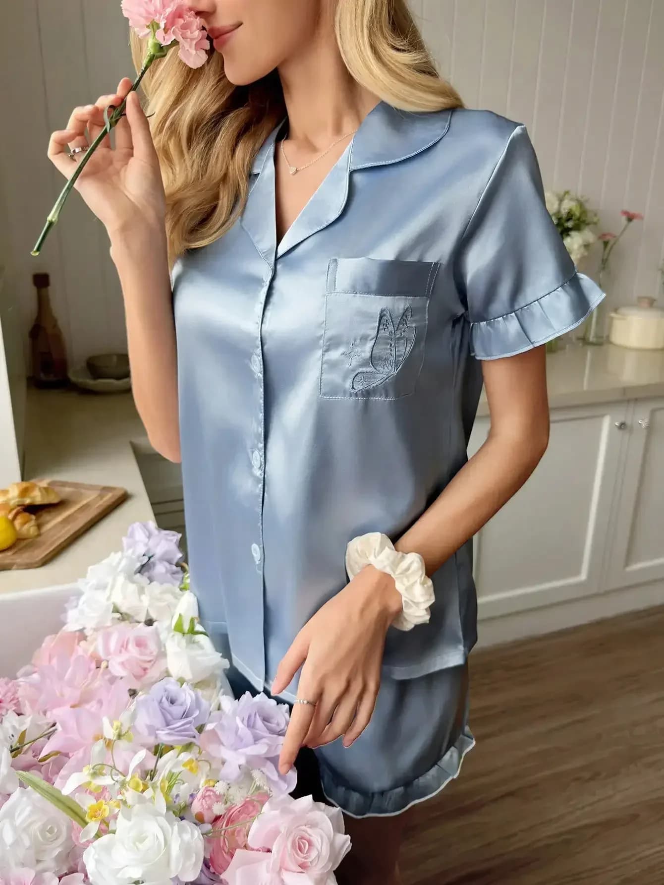 Snug Reverie Elegant Embroidered Ruffle Silky Satin Lapel Short Sleeve Shorts Pajama Set For Women