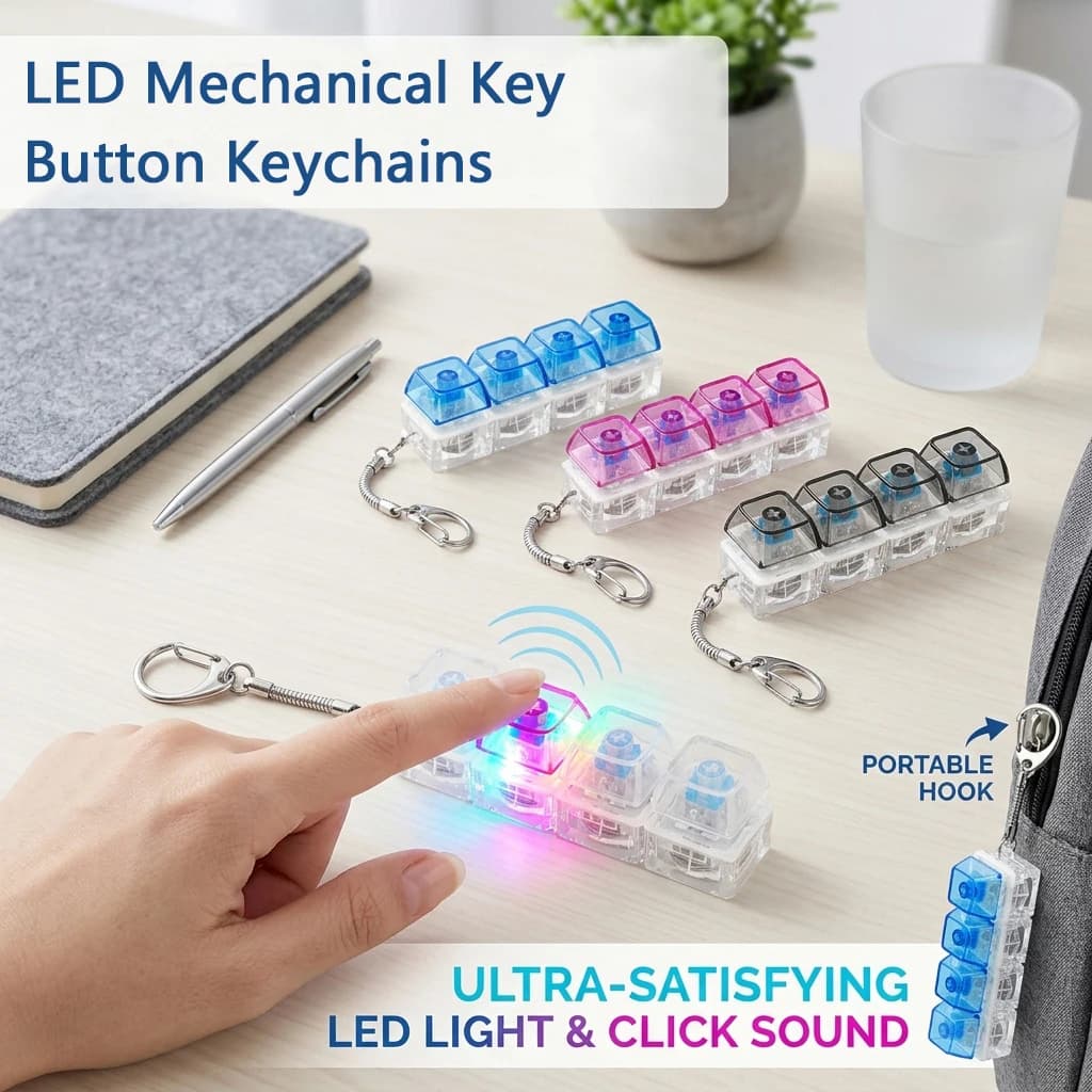Set di 4 Portachiavi LED con Pulsante Meccanico, Giocattoli Antistress Portatili, Accessori da Scrivania per Ufficio, Regalo