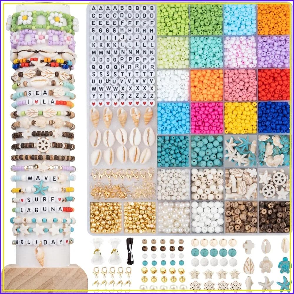 6000pcs 4mm Glass Beads for Bracelet Making Kit, Beach Jewelry Crafting with Letters, Numbers, Seashells, Spacers & Pearls