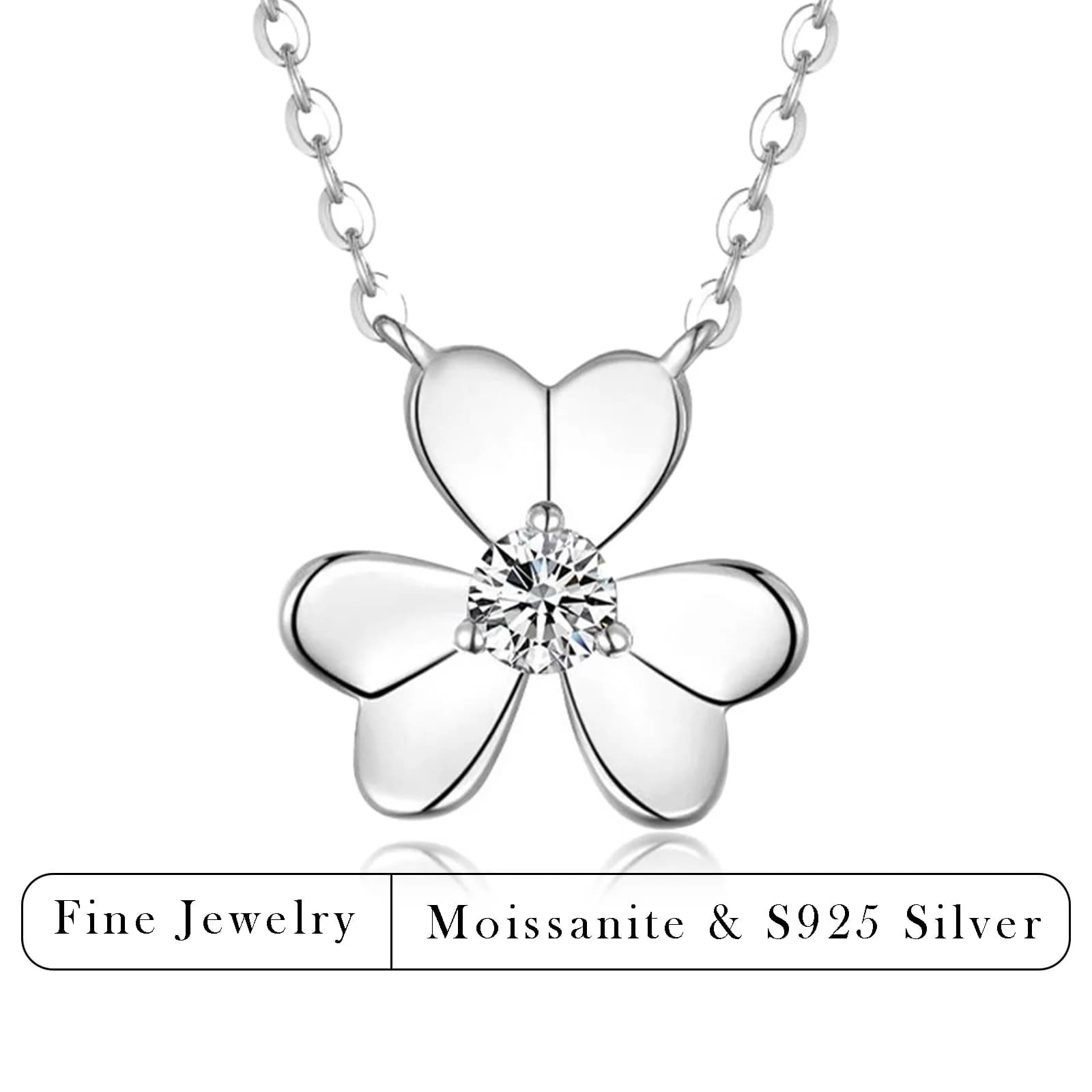 Necklace with Quadrifoglio Pendant in Moissanite from 0.15 Carats, in Silver S925, with Petali a Cuore, for Woman