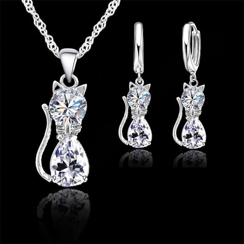 Sterling 925 Sterling Silver Jewelry Set for Women and Girls, Cat Shape Pendant Necklace and Circle Earrings with Austrian Crystals Brilliant