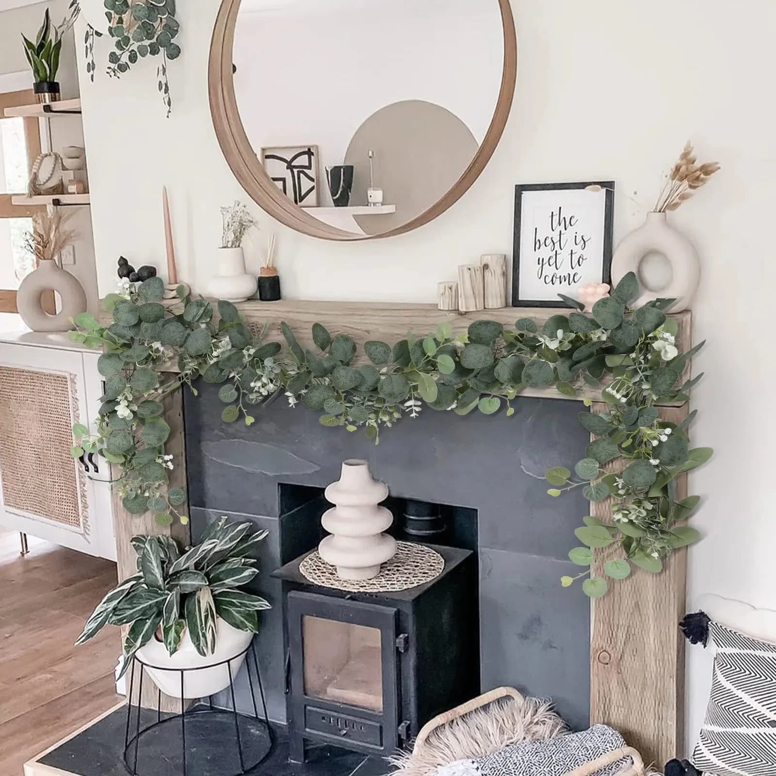 1 artificial eucalyptus wreath with white flowers and berries, fake spring plants for wedding decorations, parties and home.