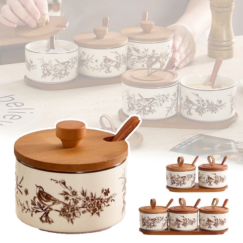 Set di Barattoli Vintage in Ceramica per Spezie con Coperchio in Legno e Vassoio, Contenitori da Cucina per Sale, Zucchero, Pepe e Condimenti