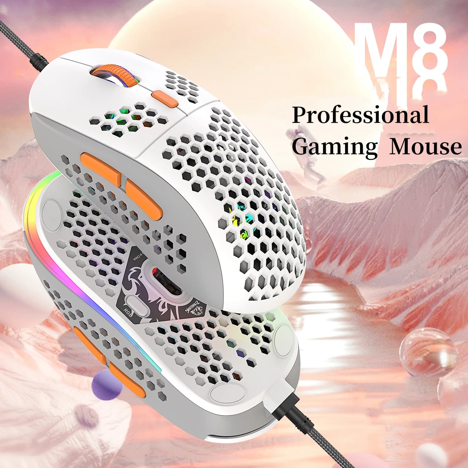 Mouse da gioco Gamer cablato 7 tasti programmabili 6 retroilluminazione Regolazione 6400 DPI Guscio leggero a nido d'ape Clic rapido e accurato M8