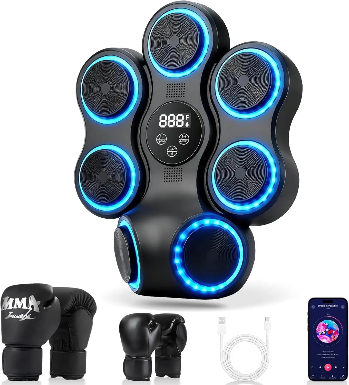 Smart Boxing Machine with Bluetooth & Music, 7 Target, 2 Glove Paia, Home Gym Training Wall Mount