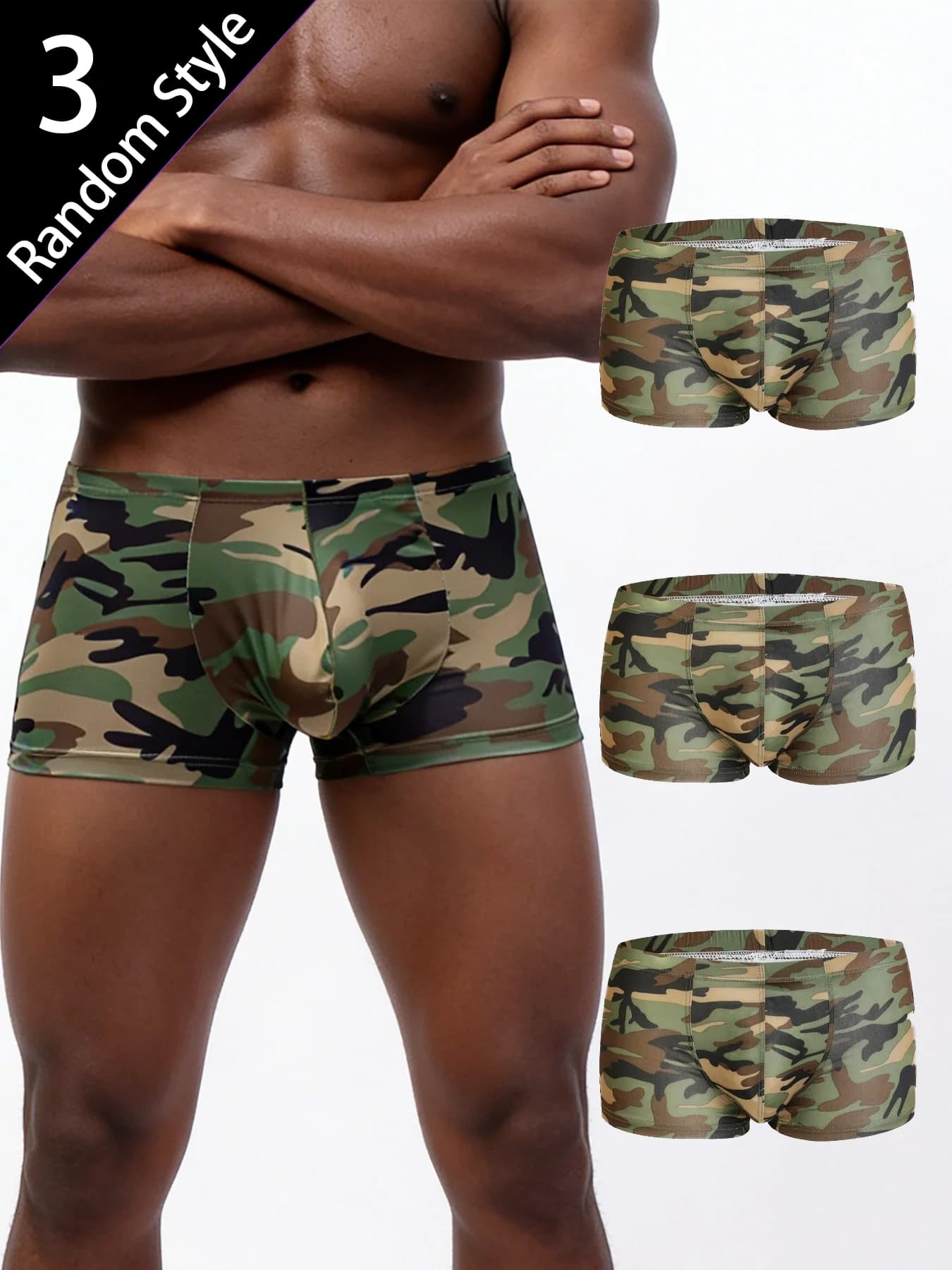 3PCS Mens Camo Boxer Briefs, Low Rise U-Pouch Design, Breathable Sexy Fit, Assorted Random Colors Daily Underwear