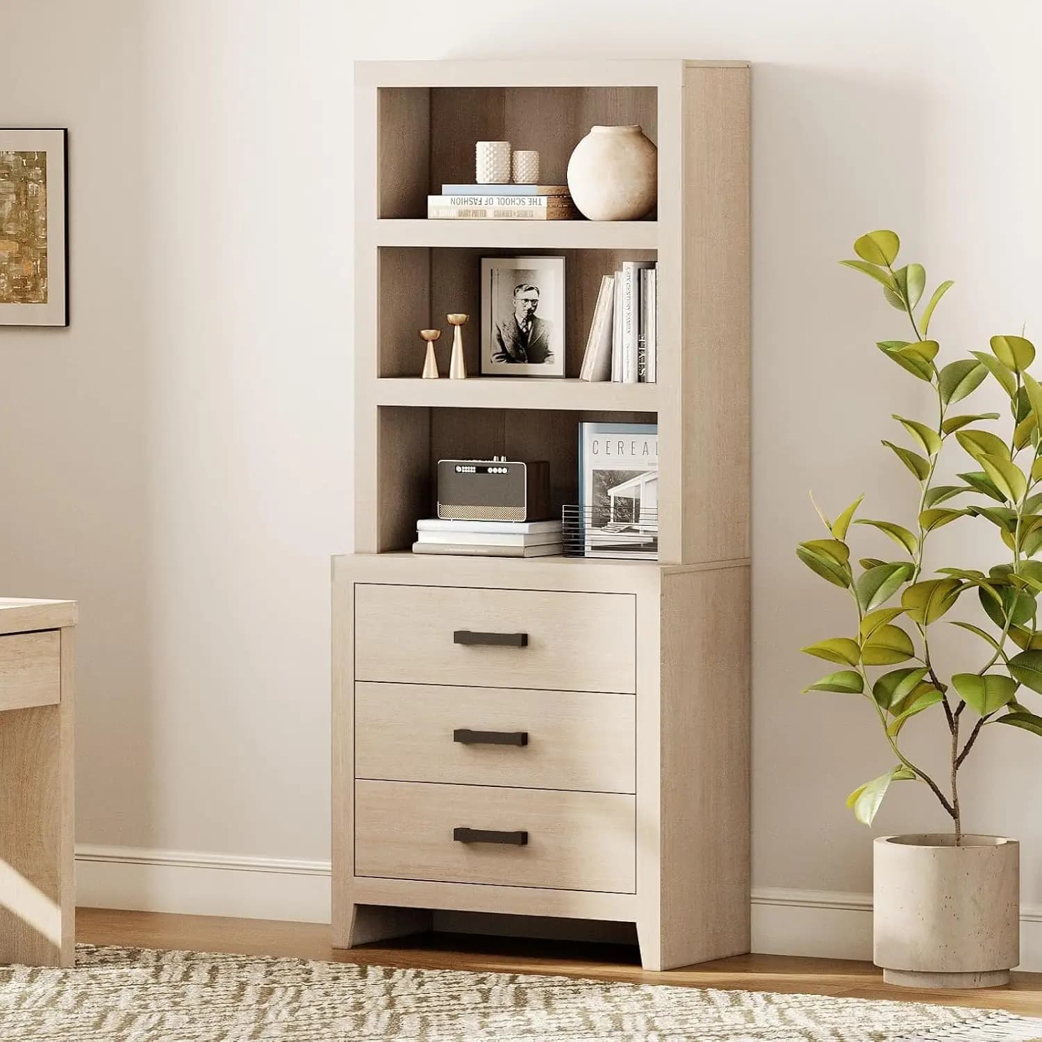 3 Tier Bookshelf With 3 Large Drawer, 74" Tall Modular Bookshelf With Wide Metal Handles, Farmhouse Bookcase, Customized