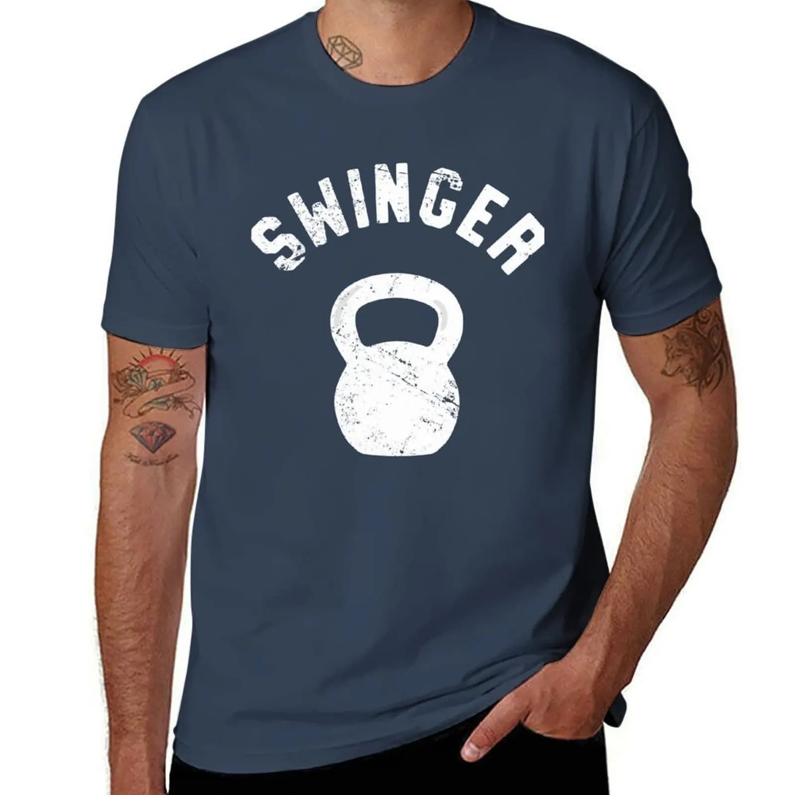 Funny T-shirt with writing 'Workout Kettlebell Swinger', lightweight T-shirt for gym workout