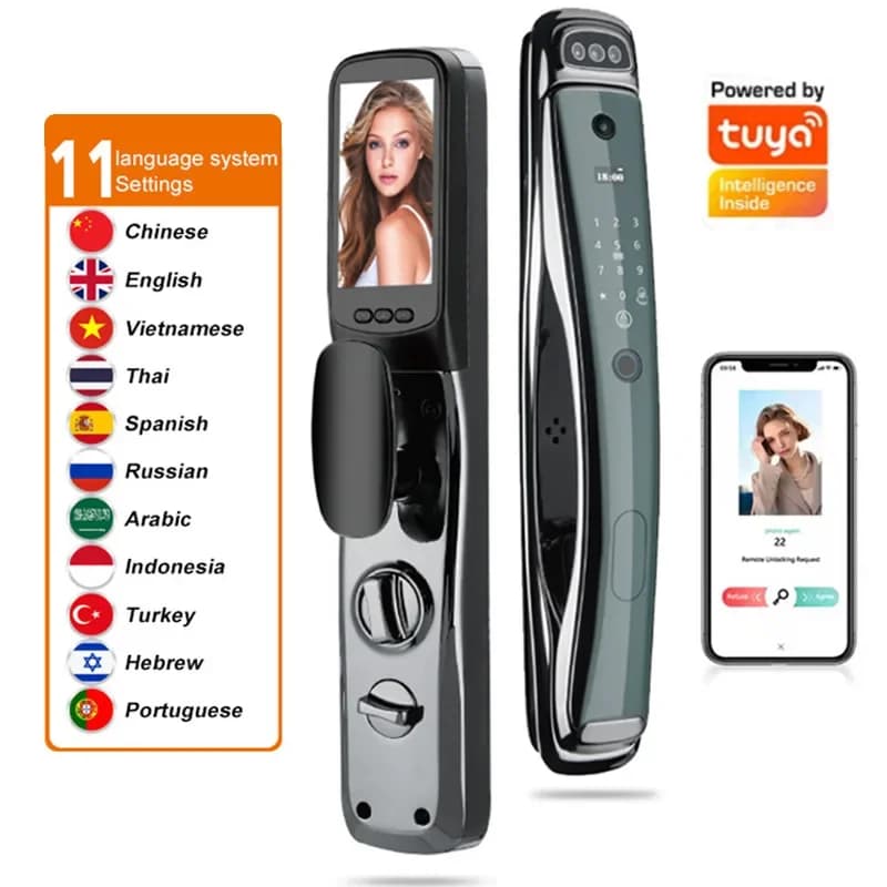 Tuya Smart Door Lock Impronta digitale multilingue Porta d'ingresso automatica per uso domestico Serratura frontale Serratura elettronica combinata in legno