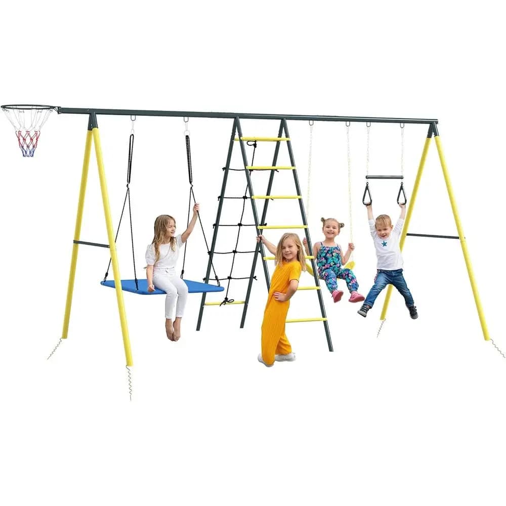 Set da gioco per esterni 5-in-1 per bambini: altalena, scivolo, anelli, canestro da basket, gradini per l'arrampicata