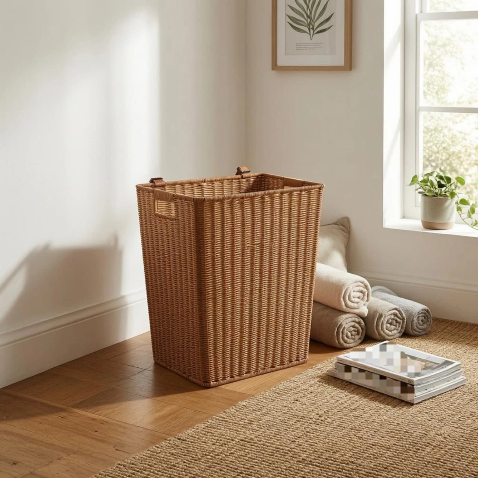 Cesto Portaoggetti in Plastica Intrecciata con Tracolla Stile Zaino, Manici Laterali Rettangolari con Aperture