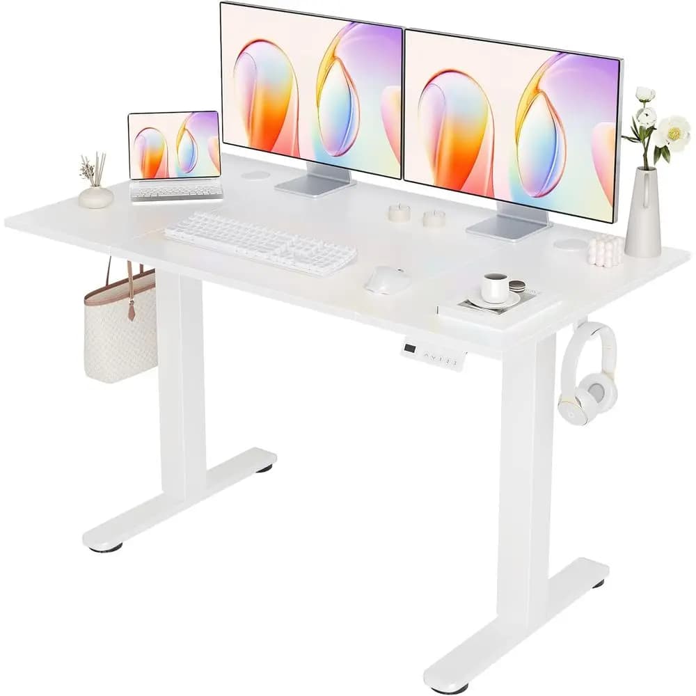 Adjustable Height Electric Standing Desk with Cable Management, 48x24 Warm White Desk for Home Office