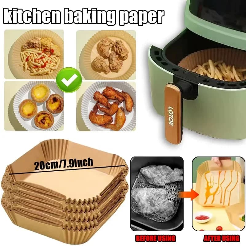 50-200 Pezzi Carta Antiaderente Monouso per Friggitrice ad Aria, Carta da Forno Rotonda per Airfryer, Accessori da Cucina
