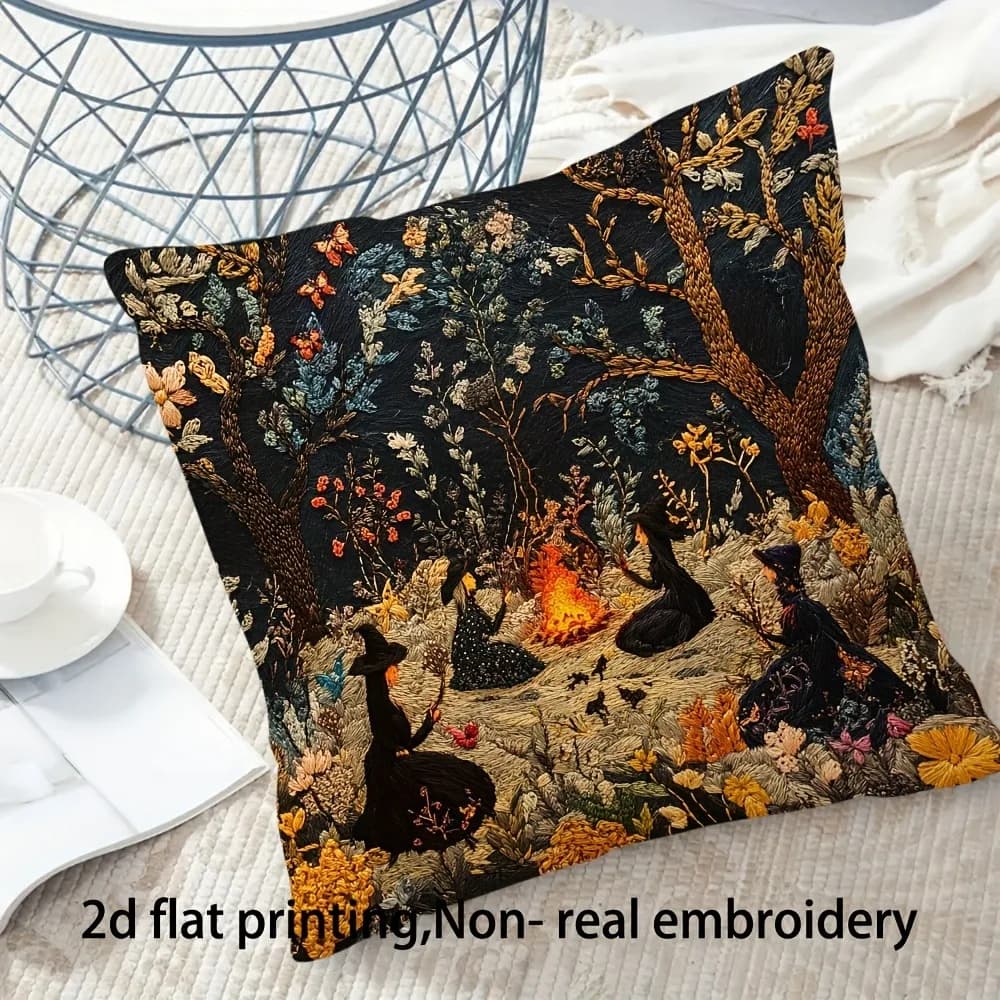 Federa con stampa piatta 2D Witchy Forest Scene: aggiungi un fascino magico al tuo spazio! Fodera per cuscino per divano, decorazione per la casa, stampa 2D