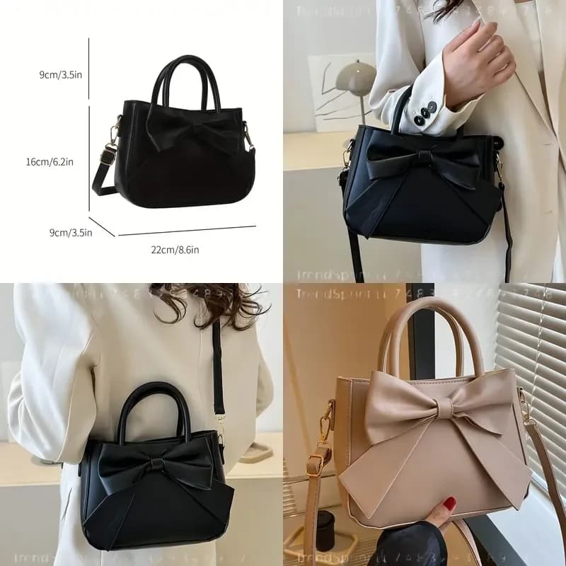 Elegant Black Bow Handbag for Women with Golden Hardware Detachable Strap Fashionable Shoulder Bag for Daily Work Travel
