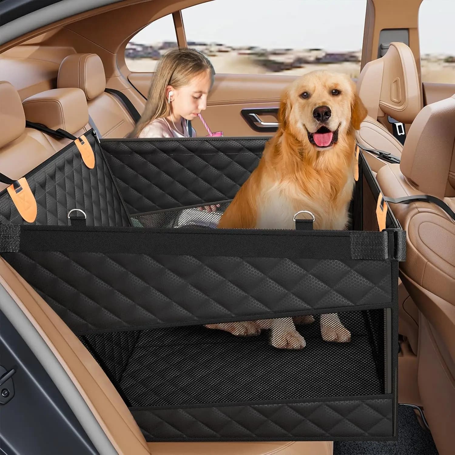 Sedile Auto per Cani di Taglia Grande con 3 Finestre in Rete, Coprisedile Impermeabile per Auto e SUV, Design con Fondo Rigido