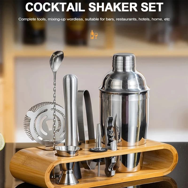 10 pz Bartender Shaker Set Acciaio Inossidabile Cocktail Versatore Muddler Jigger con Supporto In Legno per Bar Festa A Casa Miscelazione Bevande Strumenti