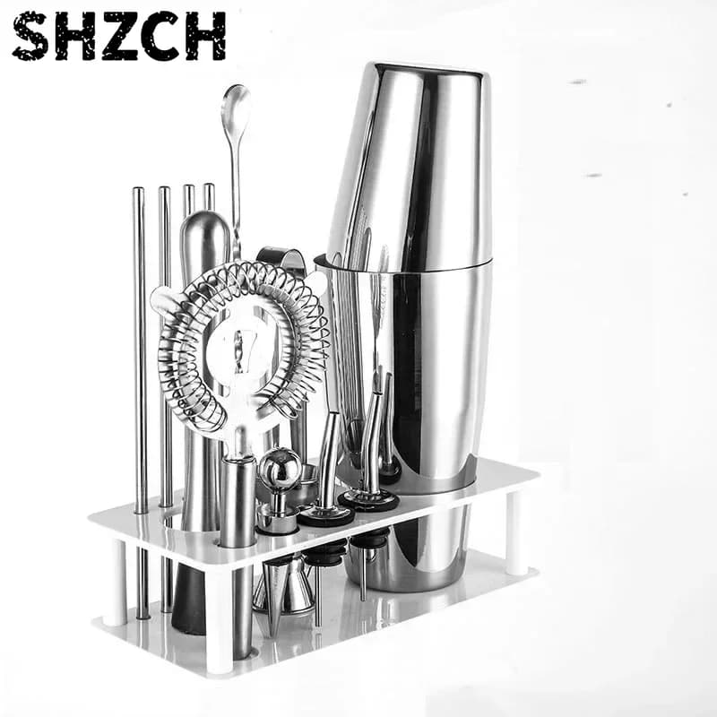 Stainless Steel Cocktail Set, Bar Cocktail Shaker Set, Premium Bartender Kit Stand, Plastic Shelf I68076