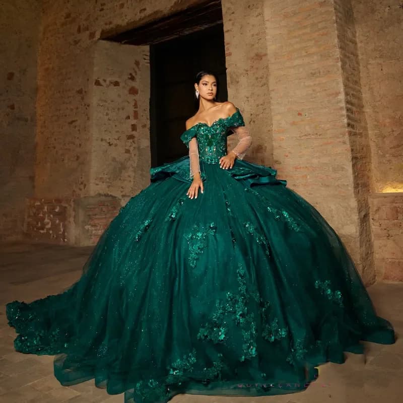 Abiti lucidi verde nerastro con spalle scoperte Abiti con corsetto in rilievo di cristallo con fiori applicati personalizzati