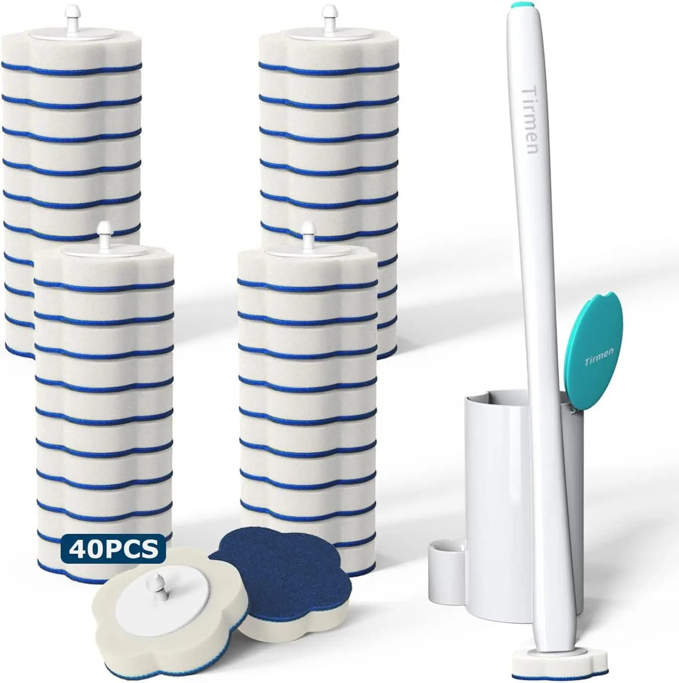 Toilet Brush Set with 40 Refills, 2X Cleaners, Storage Caddy for Sink, Bathtub, Floor, Drain (Green)