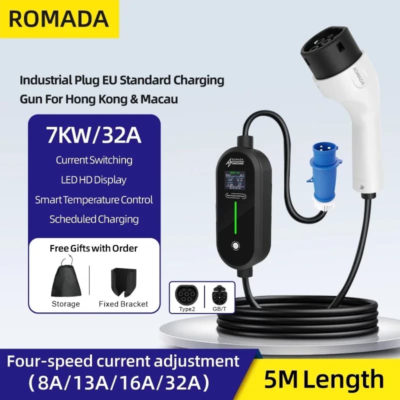 ROMADA 7KW 32A EV caricatore portatile 3M 5M 10M 15M 20M cavo Type2 IEC62196 GB/T20234 EVSE Wallbox adattatore per veicolo elettrico