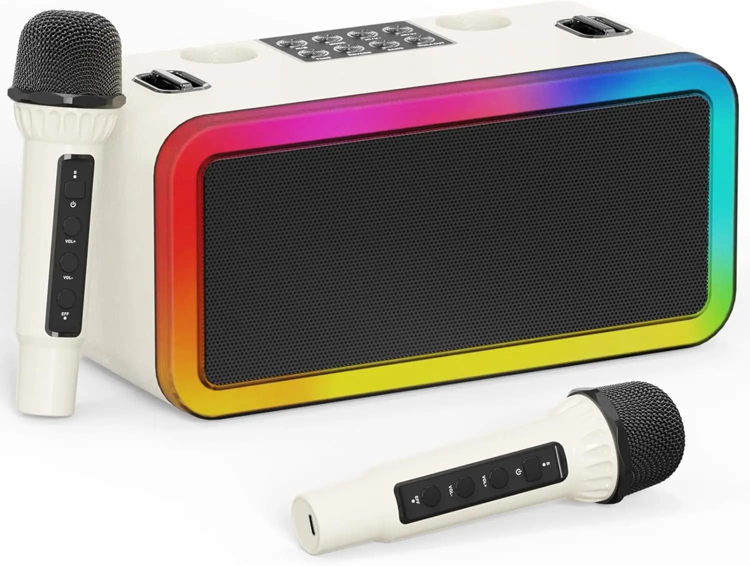 Macchina per Karaoke Portatile con 2 Microfoni, Altoparlante Bluetooth per Feste all'Aperto/Al Chiuso, Sistema PA Wireless, Effetti Sonori e Luci