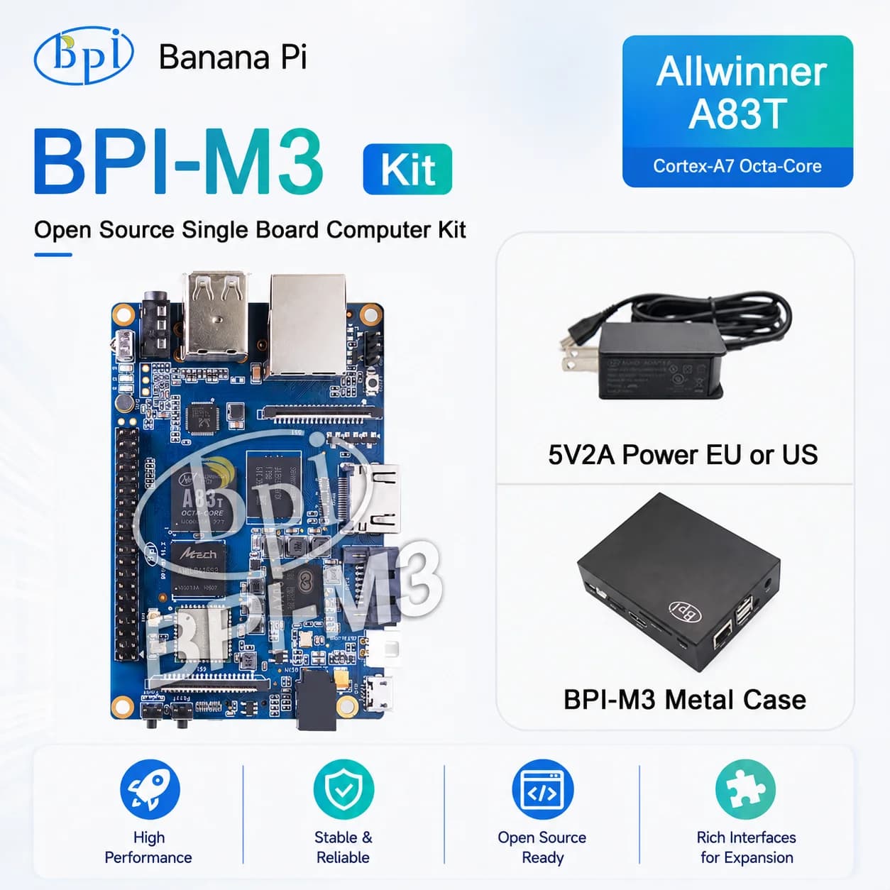 Banana Pi BPI-M3 With Case Power Allwinner A83T Octa-core Cortex-A7 2GB LPDDR3 8GB eMMC With WiFi BT Support SD-Card SATA 2.0