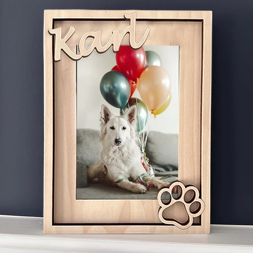Una cornice per foto personalizzata per cani in legno | Regalo commemorativo personalizzato per animali domestici con nome | Decorazione da tavolo verticale per Pasqua Cus