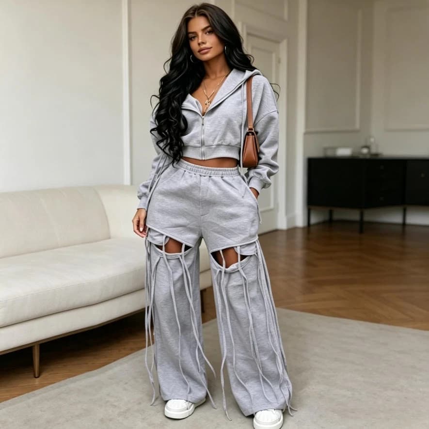 Pant Set Women Two Piece Sets Full Sleeve Hoodie Zipper Coat Wide Leg Long Pants Hollow Out Elastic Waist Drawstring High Street