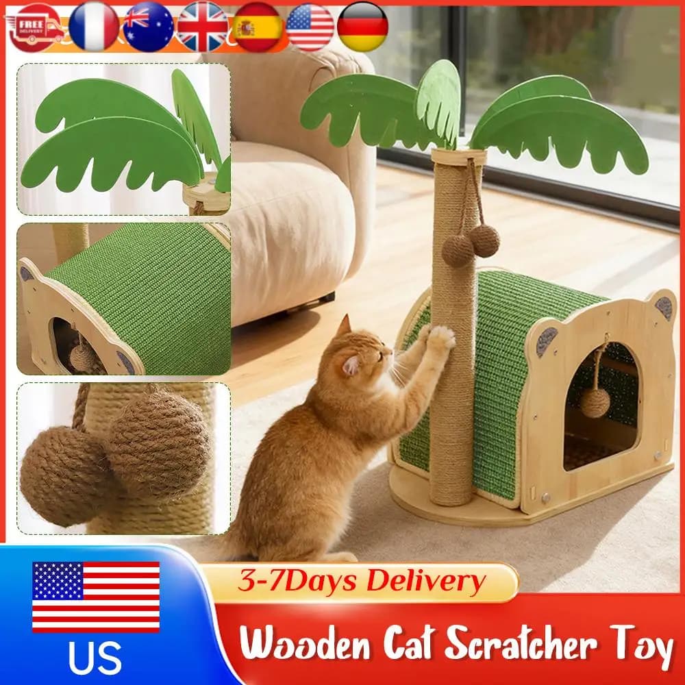 Tiragraffi per Gatti in Legno a Forma di Albero di Cocco con Palla Pom-Pom Sospesa e Tiragraffi in Sisal per 1-2 Gatti Domestici e Gattini