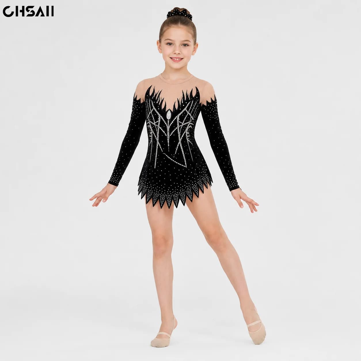 Girls Rhinestone Figure Skating Dress Long Sleeve Nude Mesh Flame Ice Dance Competition Leotard Child Stage Performance Costumes