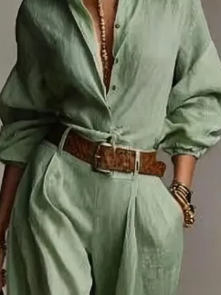 Completo Elegante Primaverile/Estivo in Cotone e Lino: Camicia con Bottoni e Pantaloni a Gamba Larga, Set Due Pezzi